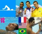 Πόντιουμ κολύμβηση ανδρών 50 μέτρο freestyle, Florent Manaudou (Γαλλία), Κάλλεν Jones (Ηνωμένες Πολιτείες) και Σέζαρ Cielo (Βραζιλίας) - London 2012-